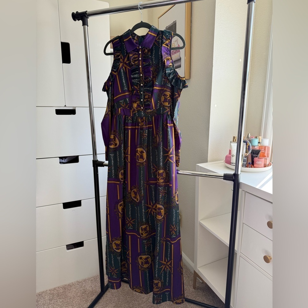 NWT Cedosce Purple Colorful Patterned Maxi Dress with Long Sleeves Size Small